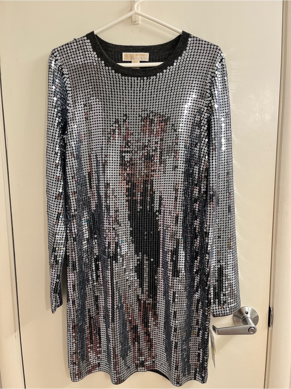 Michael Kors Silver Sequin Long Sleeve Shift Dress